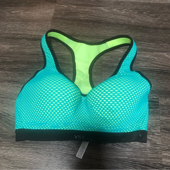 VSX Sport Victoria's Secret Teal Neon Yellow Dot Mesh Racerback Sports Bra 32C - Picture 2 of 9